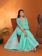 Dista Elora Green Soft Linen Solid Foil Printed Designer Casual Saree, view 4