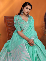 Dista Elora Green Soft Linen Solid Foil Printed Designer Casual Saree, view 5