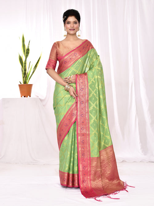Dista Elora Green Soft Silk Banarasi Woven Chex Weaving Saree