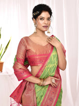 Dista Elora Green Soft Silk Banarasi Woven Chex Weaving Saree, view 4