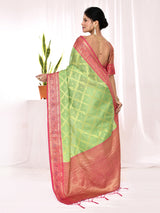 Dista Elora Green Soft Silk Banarasi Woven Chex Weaving Saree, view 6