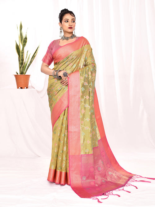 Dista Elora Green Soft Silk Banarasi Woven Floral Weaving Saree