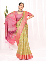 Dista Elora Green Soft Silk Banarasi Woven Floral Weaving Saree, view 3