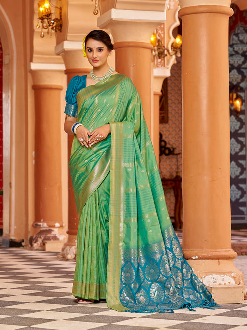 Dista Elora Green Soft Silk Butti Banarasi Silk Zari Jacquard Work Designer Saree