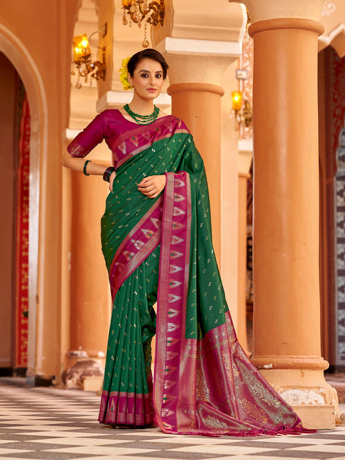 Dista Elora Green Soft Silk Geometric Buti Banarasi Silk Zari Jacquard Work Designer Saree