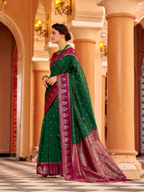 Dista Elora Green Soft Silk Geometric Buti Banarasi Silk Zari Jacquard Work Designer Saree, view 3
