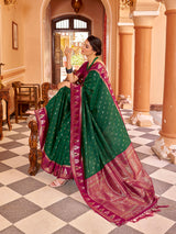 Dista Elora Green Soft Silk Geometric Buti Banarasi Silk Zari Jacquard Work Designer Saree, view 6