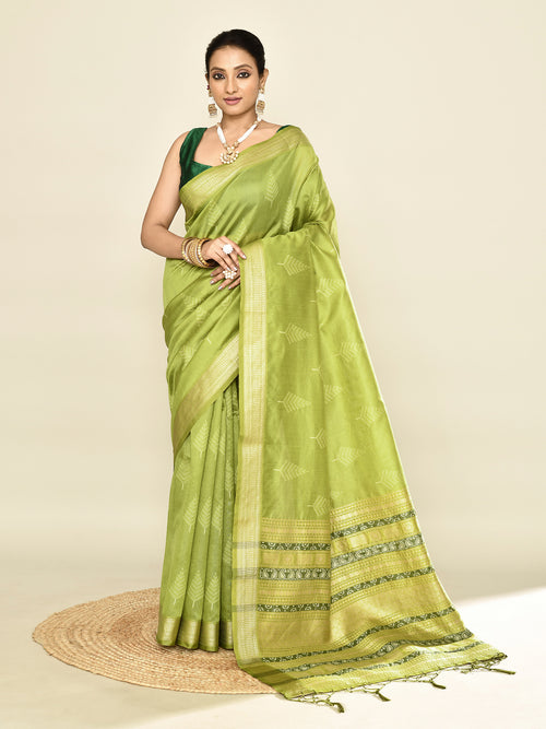Dista Elora Green Soft Silk leaf Printed Baluchari Weaving Saree