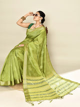Dista Elora Green Soft Silk leaf Printed Baluchari Weaving Saree, view 2