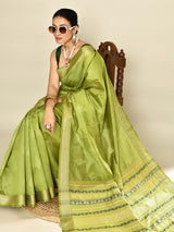 Dista Elora Green Soft Silk leaf Printed Baluchari Weaving Saree, view 3