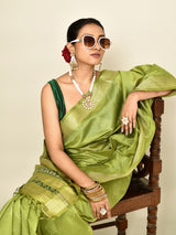Dista Elora Green Soft Silk leaf Printed Baluchari Weaving Saree, view 4