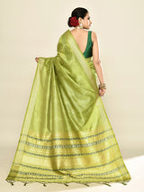 Dista Elora Green Soft Silk leaf Printed Baluchari Weaving Saree, view 6