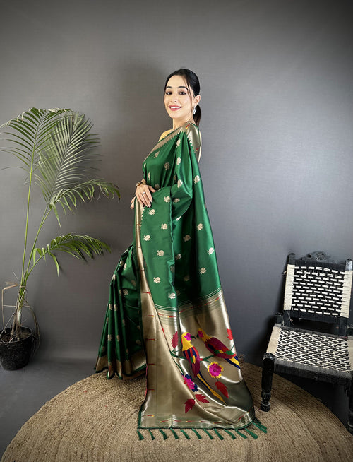 Dista Elora Green Soft Silk Peacock & Floral Zari Motifs Kanchipuram Saree