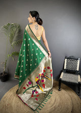 Dista Elora Green Soft Silk Peacock & Floral Zari Motifs Kanchipuram Saree, view 2