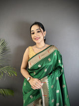 Dista Elora Green Soft Silk Peacock & Floral Zari Motifs Kanchipuram Saree, view 3