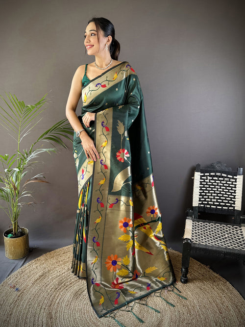 Dista Elora Green Soft Silk Zari Woven Floral Motifs Paithani Saree
