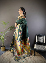 Dista Elora Green Soft Silk Zari Woven Floral Motifs Paithani Saree, view 2