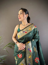 Dista Elora Green Soft Silk Zari Woven Floral Motifs Paithani Saree, view 3