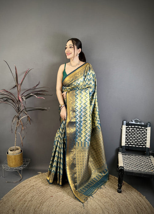 Dista Elora Green Soft Silk Zig Zag Leheriya Zari Weaving Saree