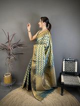 Dista Elora Green Soft Silk Zig Zag Leheriya Zari Weaving Saree, view 2