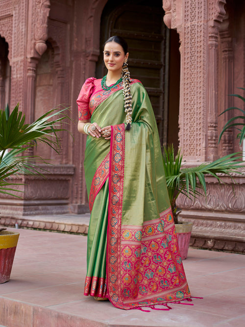 Dista Elora Green Zari Tissue Solid Banarasi Silk Woven Jacquard Work Designer Saree