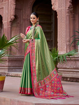 Dista Elora Green Zari Tissue Solid Banarasi Silk Woven Jacquard Work Designer Saree, view 2