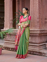 Dista Elora Green Zari Tissue Solid Banarasi Silk Woven Jacquard Work Designer Saree, view 3