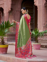 Dista Elora Green Zari Tissue Solid Banarasi Silk Woven Jacquard Work Designer Saree, view 5
