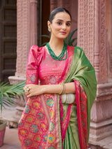 Dista Elora Green Zari Tissue Solid Banarasi Silk Woven Jacquard Work Designer Saree, view 6