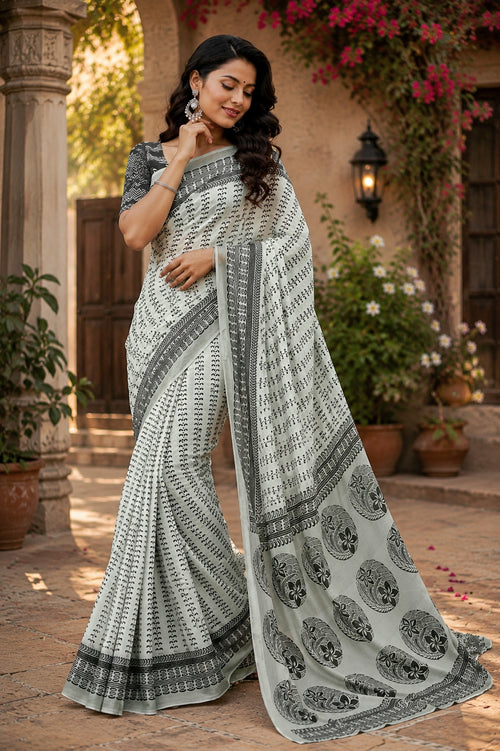 Dista Elora Grey & Black Chanderi Cotton Geometric & Ethnic Motifs Printed Ready To Wear Saree