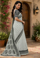Dista Elora Grey & Black Chanderi Cotton Geometric & Ethnic Motifs Printed Ready To Wear Saree, view 2