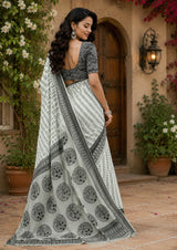 Dista Elora Grey & Black Chanderi Cotton Geometric & Ethnic Motifs Printed Ready To Wear Saree, view 3