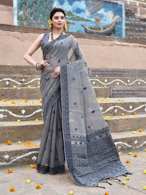 Dista Elora Grey Cotton Butti Weave Handloom Wedding Wear Saree