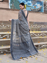 Dista Elora Grey Cotton Butti Weave Handloom Wedding Wear Saree, view 3