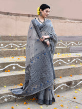 Dista Elora Grey Cotton Butti Weave Handloom Wedding Wear Saree, view 4