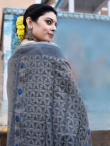 Dista Elora Grey Cotton Butti Weave Handloom Wedding Wear Saree, view 5