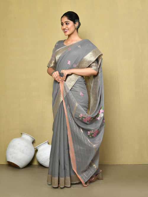 Dista Elora Grey Cotton Floral Embroidered Designer Casual Saree