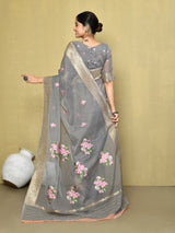 Dista Elora Grey Cotton Floral Embroidered Designer Casual Saree, view 2