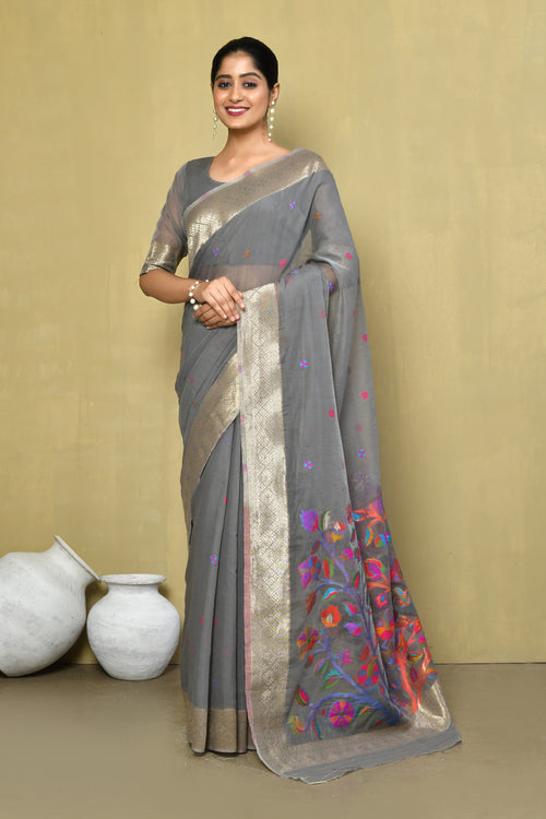 Dista Elora Grey Cotton Floral Embroidered Festive wear Saree