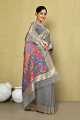 Dista Elora Grey Cotton Floral Embroidered Festive wear Saree, view 2