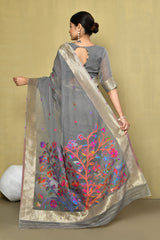 Dista Elora Grey Cotton Floral Embroidered Festive wear Saree, view 3
