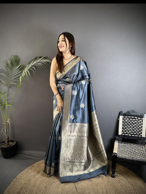 Dista Elora Grey Cotton Silk Floral Jacquard Zari Woven Banarasi Saree