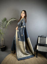 Dista Elora Grey Cotton Silk Floral Jacquard Zari Woven Banarasi Saree, view 2