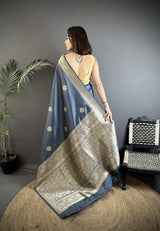 Dista Elora Grey Cotton Silk Floral Jacquard Zari Woven Banarasi Saree, view 3