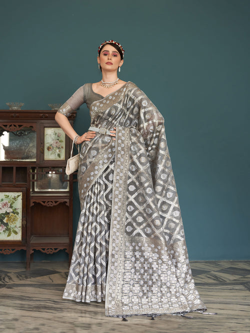 Dista Elora Grey Cotton Silk Ikkat Zari Designer Saree for Women