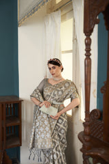 Dista Elora Grey Cotton Silk Ikkat Zari Designer Saree for Women, view 4