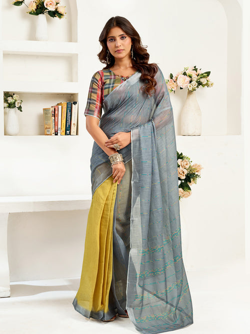 Dista Elora Grey Linen Striped Printed Ready to Wear Saree