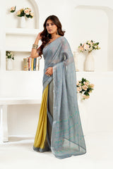 Dista Elora Grey Linen Striped Printed Ready to Wear Saree, view 2
