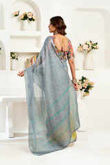 Dista Elora Grey Linen Striped Printed Ready to Wear Saree, view 3