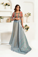 Dista Elora Grey Linen Striped Printed Ready to Wear Saree, view 6